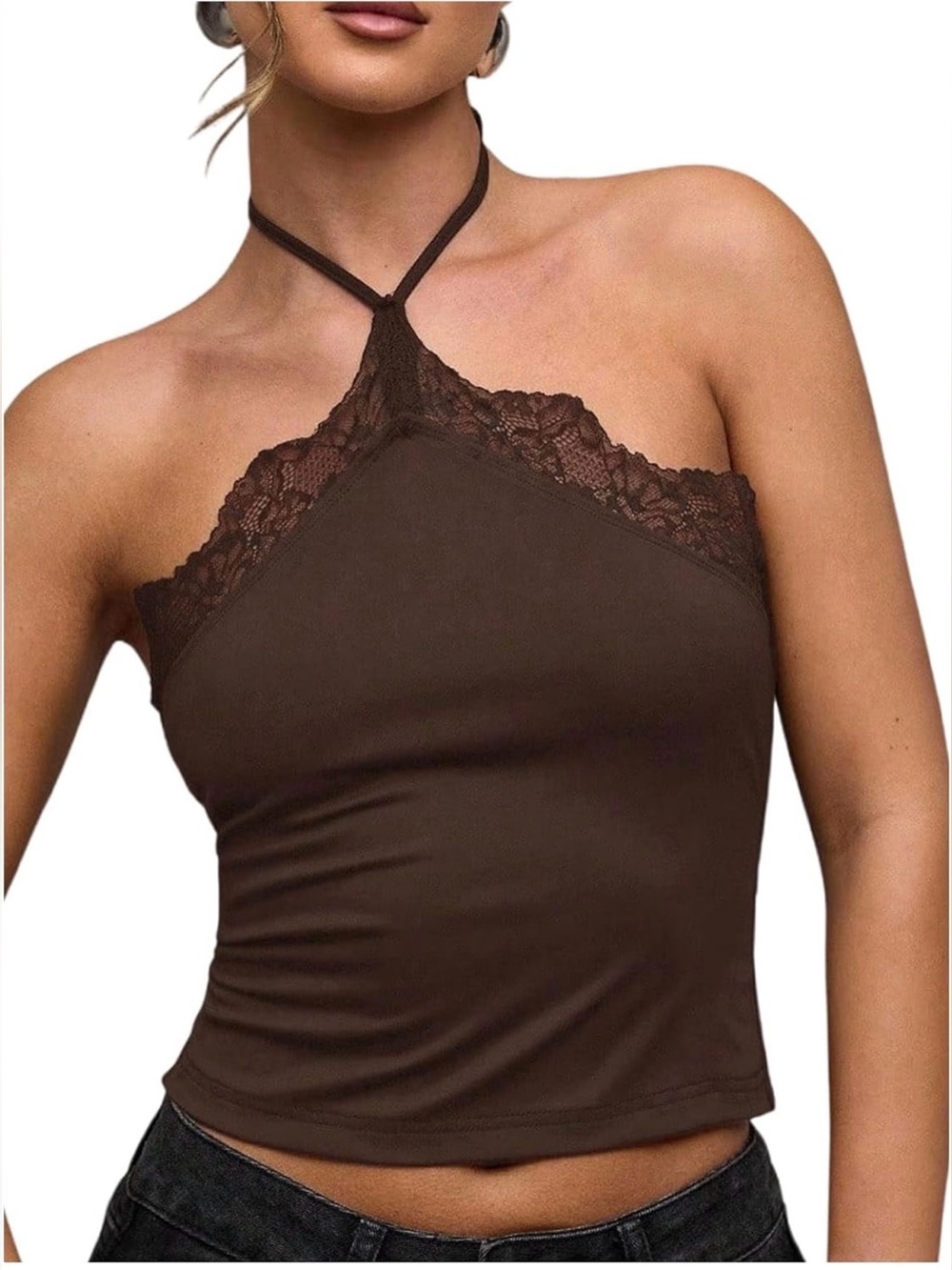 Brown Lace Halter Crop Top - Soly Hux 🤎